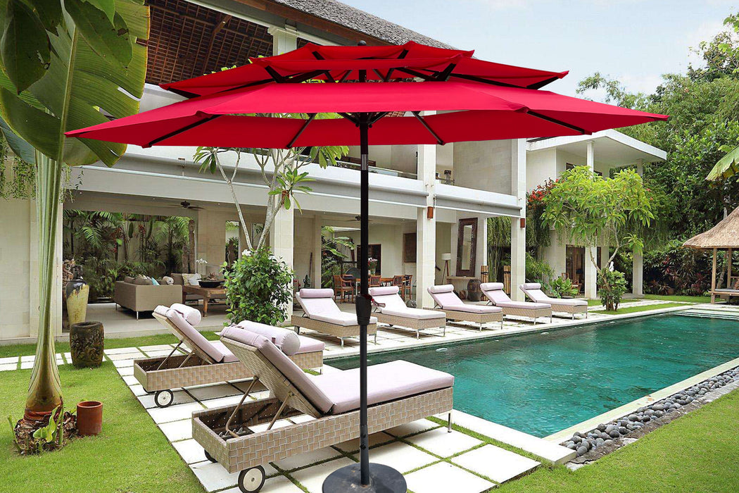 9 Ft 3-Tiers Outdoor Patio Umbrella With Crank And Tilt And Wind Vents For Garden Deck Backyard Pool Shade Outside Deck Swimming Pool - Red