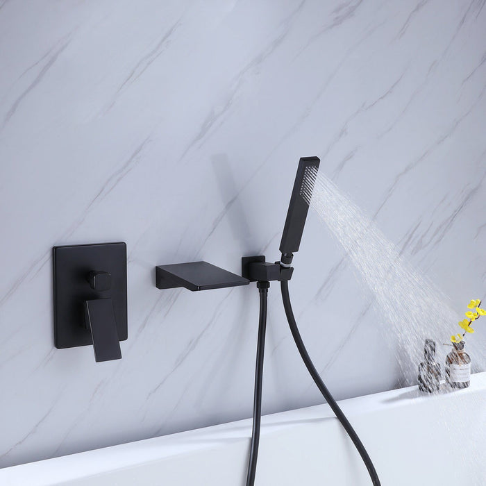 Bathtub Faucet Matte Black, Waterfall Wall Mount Tub Filler Faucet With Handheld Shower Brass, Waterfall Spout High Flow Wall Mount Tub Faucet