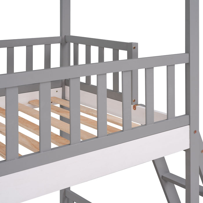 Twin Over Twin Bunk Bed Wood Bed With Roof, Window, Ladder - (Gray)