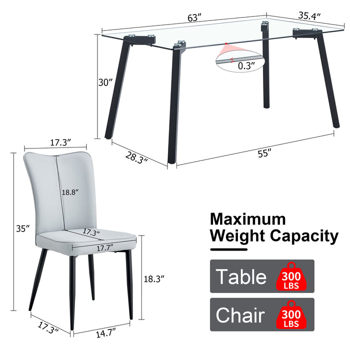 Table And Chair Set, 1 Table And 6 Light Grey Chairs, Glass Dining Table With 0.31" Tempered Glass Tabletop And Black Coated Metal Legs, Equipped With Light Grey PU Chairs