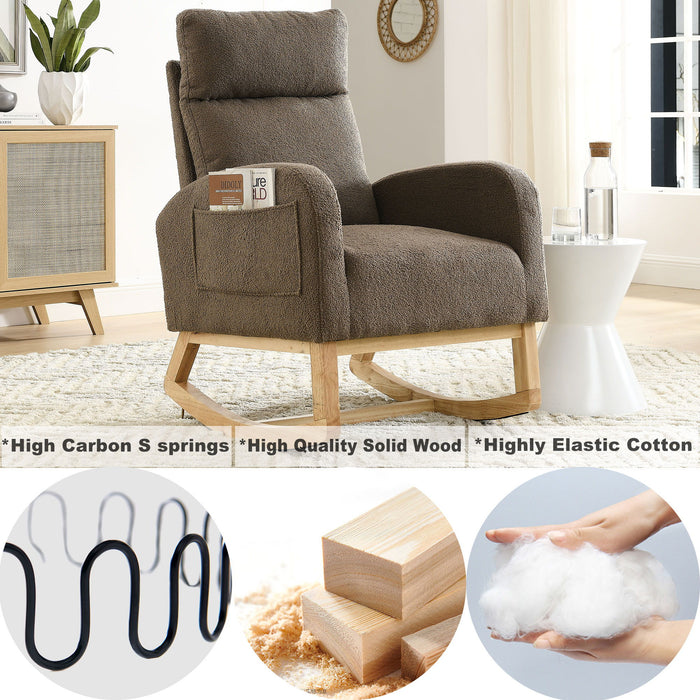 Welike 27.6" W Modern Accent High Backrest Living Room Lounge Arm Rocking Chair, Two Side Pocket - Brown