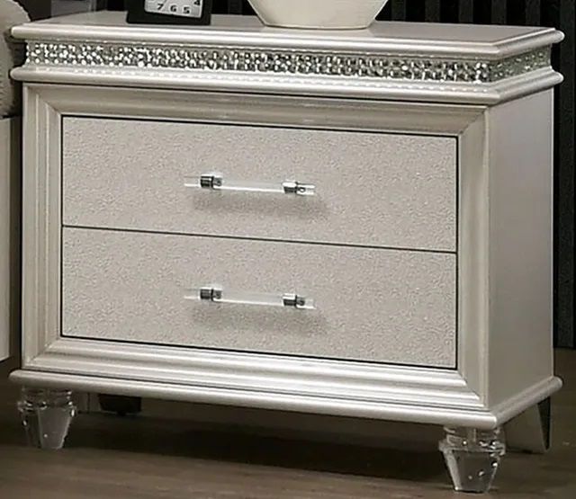 Classic Pearl White 1 Piece Nightstand Only Contemporary Solid Wood 2-Drawers Felt-Lined Top English Dovetail Acrylic Legs & Pull Handle