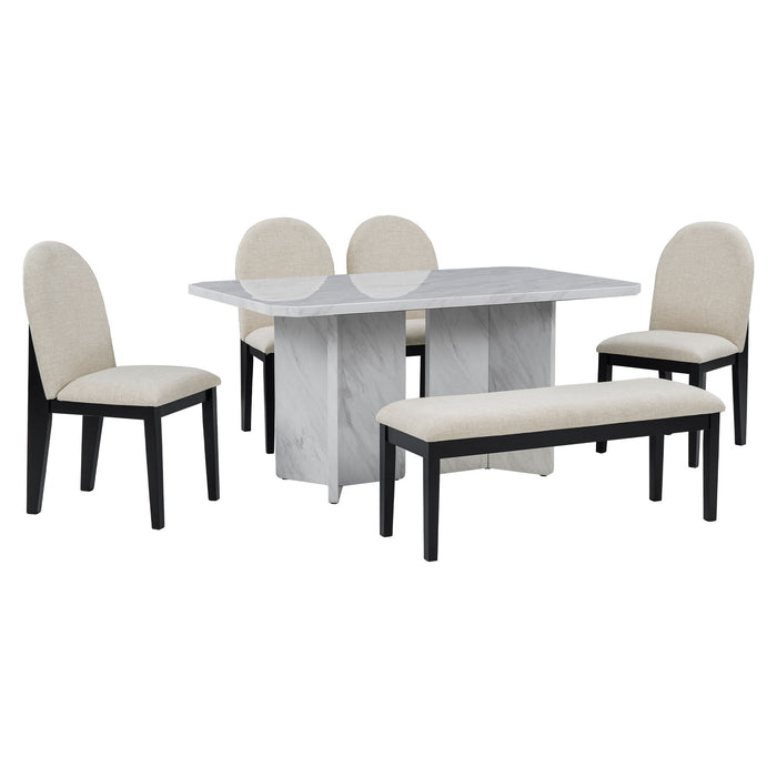 Trexm 6 Piece Modern Style Dining Set With Faux Marble Table And 4 Upholstered Dining Chairs & 1 Bench (White)
