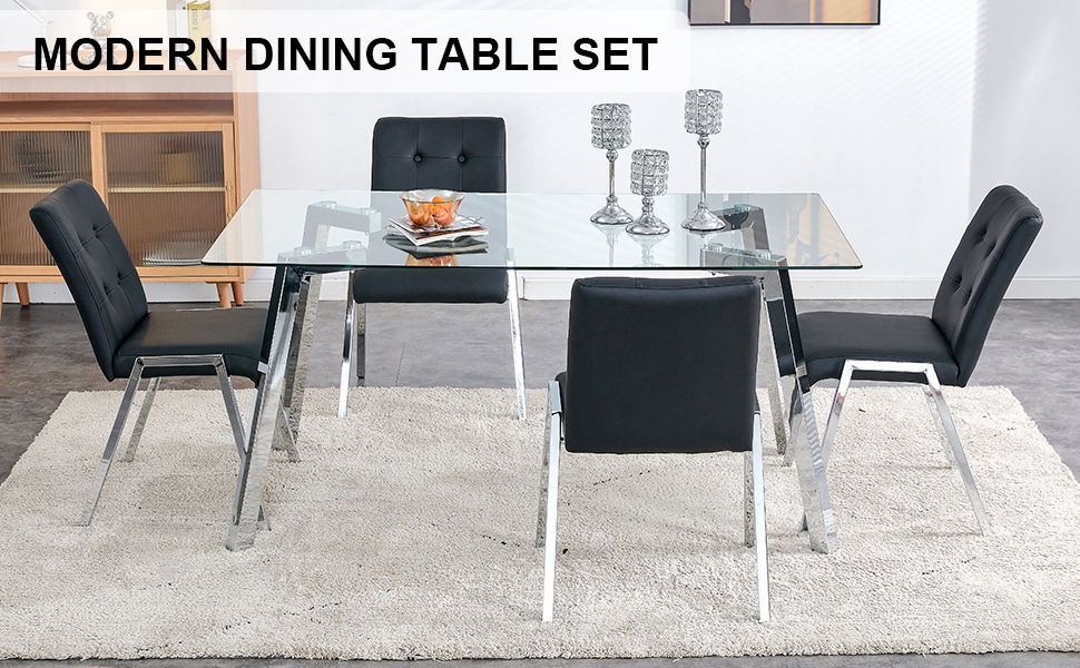 Table And Chair Set, 1 Table With 4 Black Chairs, Rectangular Glass Dining Table With Tempered Glass Tabletop And Silver Metal Legs, Paired With Armless PU Dining Chairs And Electroplated Metal Legs,
