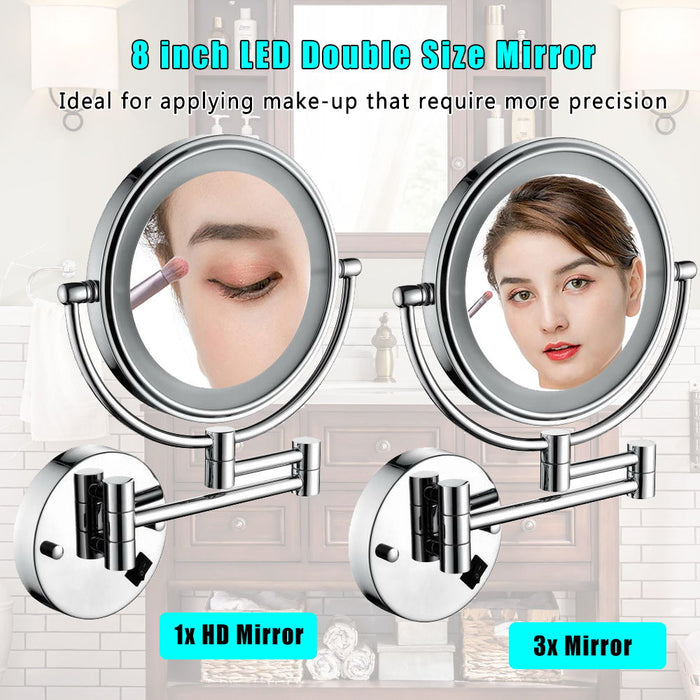 8 Inch Led Wall Mount Two-Sided Magnifying Makeup Vanity Mirror 12 Inch Extension Chrome Finish 1X/3 Magnification Plug 360 Degree Rotation Waterproof Button Shaving Mirror