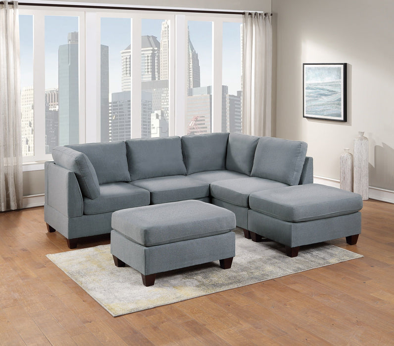 Modular Sectional 6 Piece Set Living Room Furniture L-Sectional Gray Linen Like Fabric 2 Corner Wedge 2 Armless Chairs And 2 Ottomans