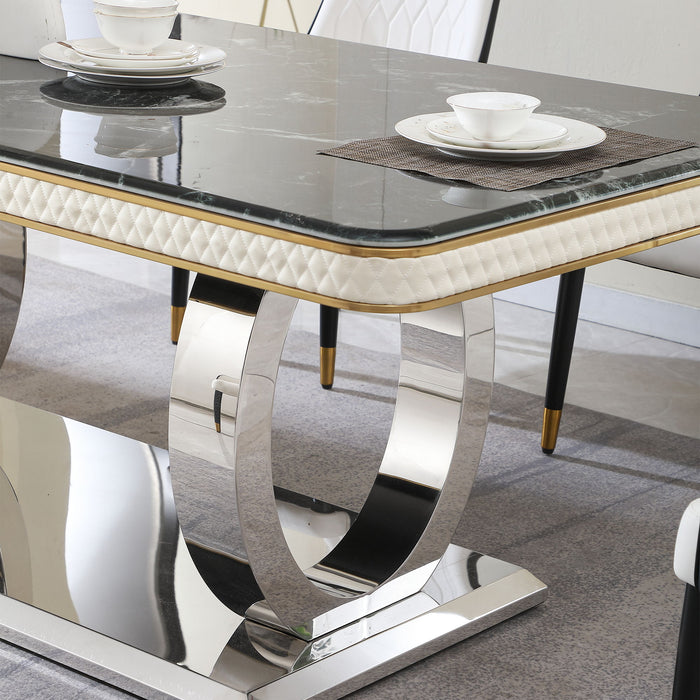 Luxury Modern Dining Table Black Dining Table With 8 Chairs Faux Marble Dining Table Top With Titanium - Plated Dual Circle Base With 8 Pieces Chairs