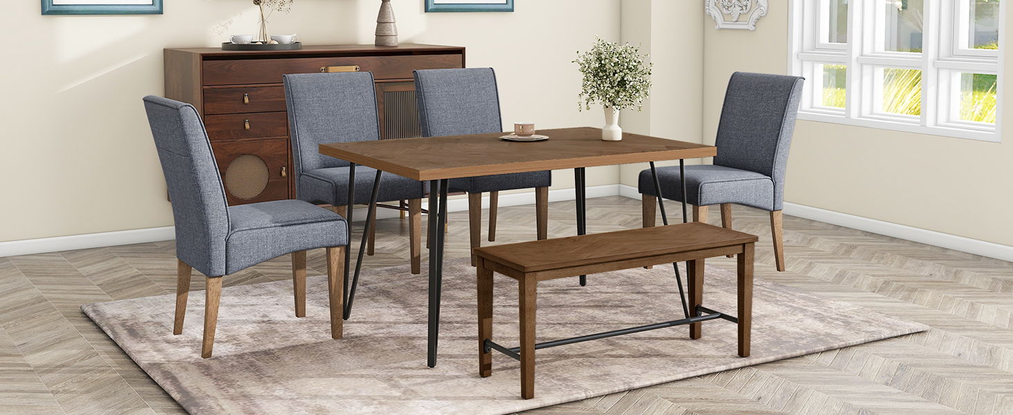 Top max Modern 6 Piece Dining Table Set With V-Shape Metal Legs, Wood Kitchen Table Set With 4 Upholstered Chairs And Bench For 6, Brown