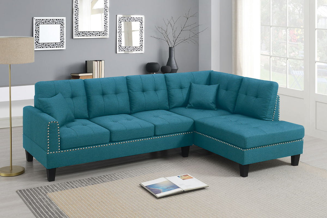 2 Pieces Sectional Set Living Room Furniture LAF Sofa And RAF Chaise Azure / Blue Color Linen Like Fabric Tufted Couch