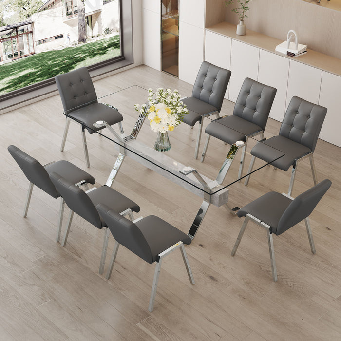 Table And Chair Set, 1 Table And 8 Grey Chairs, Tempered Glass Desktop, Equipped With Silver Plated Metal Legs And MDF Crossbars, Paired With Armless Soft Backrest Dining Chairs