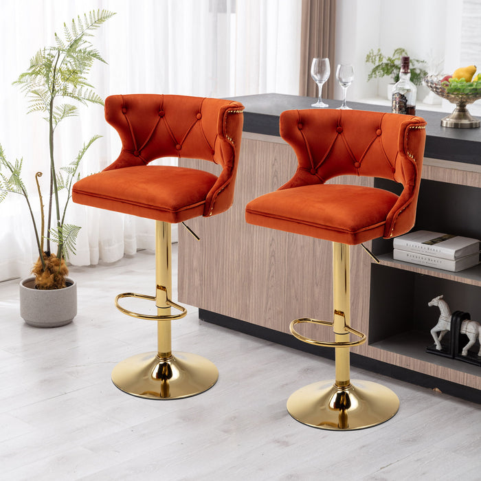 Bar Stools With Back And Footrest Counter Height Dining Chairs - Velvet Orange (Set of 2)