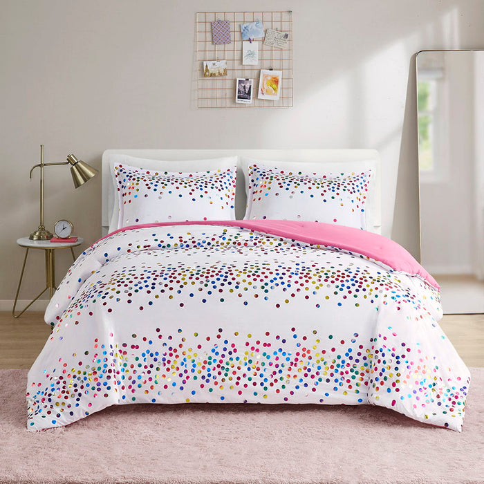 Rainbow Iridescent Metallic Dot Comforter Set - White