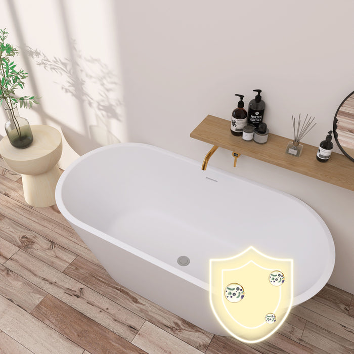 59" Acrylic Freestanding Bathtub, Gracefully Shaped Freestanding Soaking Bathtub With Brushed Nickel Drain & Minimalist Linear Design Overflow White