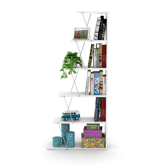Furnish Home Store Modern 5 Tier Ladder Bookshelf Organizers, Narrow Bookshelf For Small Spaces Office Furniture Bookcase, White/Chrome