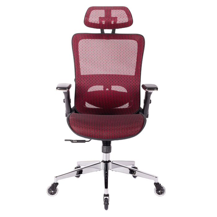 Red Ergonomic Mes Height Office Chair, High Back - Adjustable Headrest With Flip-Up Arms, Tilt And Lock Function, Lumbar Support And Blade Wheels, Kd Chrome Metal Legs