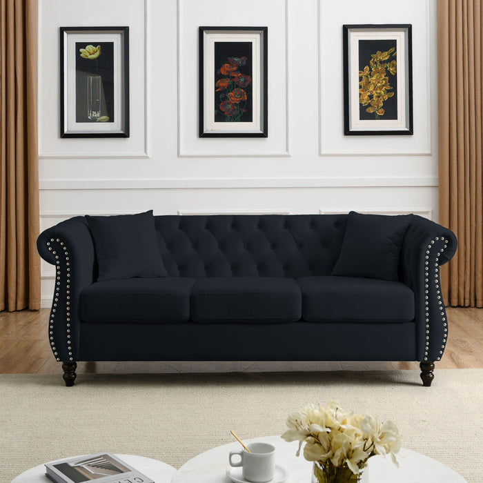 Chesterfield Sofa Black Velvet For Living Room, 3 Seater Sofa Tufted Couch With Rolled Arms And Nailhead For Living Room, Bedroom, Office, Apartment, Two Pillows Black
