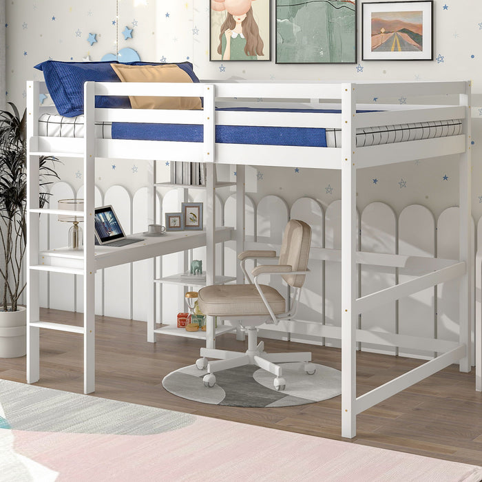 Full Loft Bed With Desk And Shelves - White