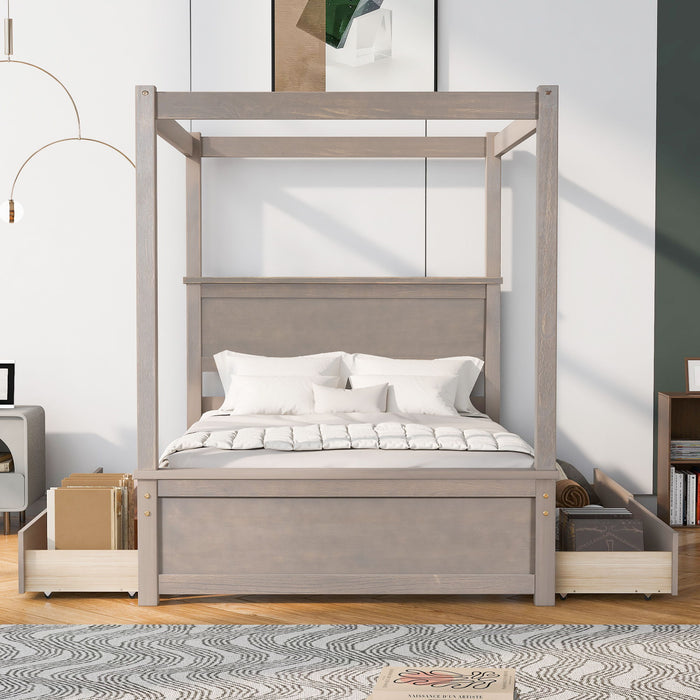 Wood Canopy Bed With Four Drawers, Full Size Canopy Platform Bed With Support Slats .No Box Spring Needed, Brushed Light Brown