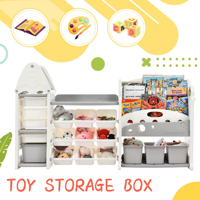 Kids Bookshelf Toy Storage Organizer With 17 Bins And 5 Bookshelves, Multi-Functional Nursery Organizer Kids Furniture Set Toy Storage Cabinet Unit
