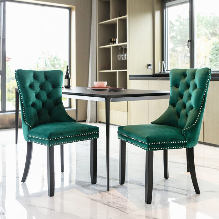 Nikki Collection Modern, High - End Tufted Solid Wood Contemporary Upholstered Dining Chair With Wood Legs Nailhead (Set of 2) - Green