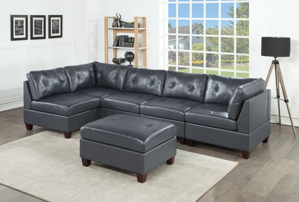 Contemporary Genuine Leather Black Tufted 6 Pieces Modular Sectional Set 2 Corner Wedge 3 Armless Chair 1 Ottoman Living Room Furniture Sofa Couch