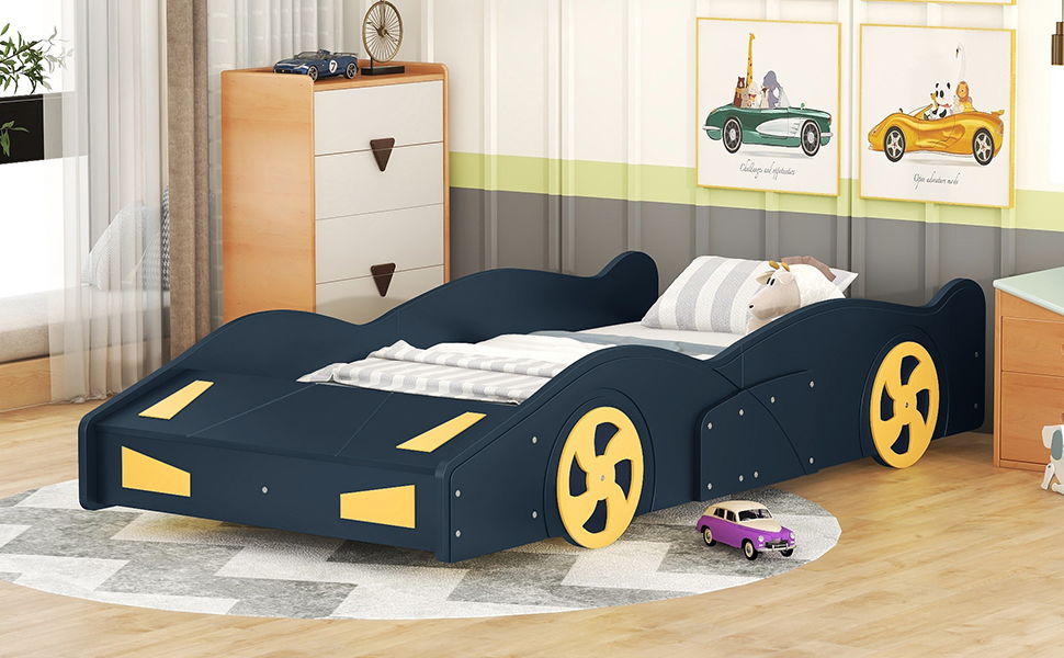 Twin Size Race Car-Shaped Platform Bed With Wheels And Storage, Dark Blue / Yellow
