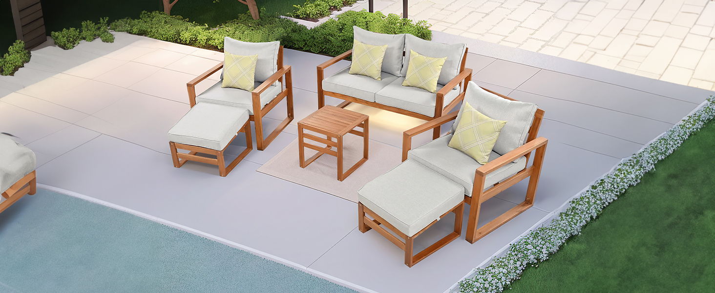 Top max Outdoor Patio Wood 6 Piece Conversation Set, Sectional Garden Seating Groups Chat Set With Ottomans And Cushions For Backyard, Poolside, Balcony, Gray