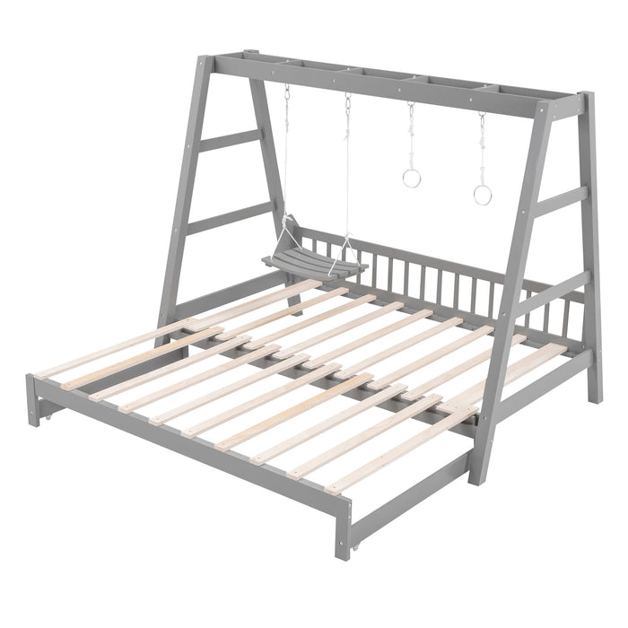 Extendable Twin Daybed With Swing And Ring Handles, Gray (Twin Bed Can Be Pulled Out To Be King)
