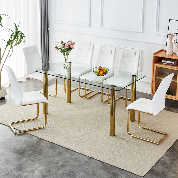 1 Table With 4 Chairs, Transparent Tempered Glass Tabletop, Thickness 0.3 Feet, Golden Metal Legs, Paired With White PU Backrest Cushion Chair, Golden Plated Metal Legs