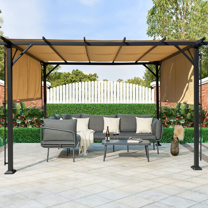 Outdoor Pergola Patio Gazebo, Retractable Shade Canopy, Steel Frame Grape Gazebo, Sunshelter Pergola For Gardens, Terraces, Backyard - Khaki