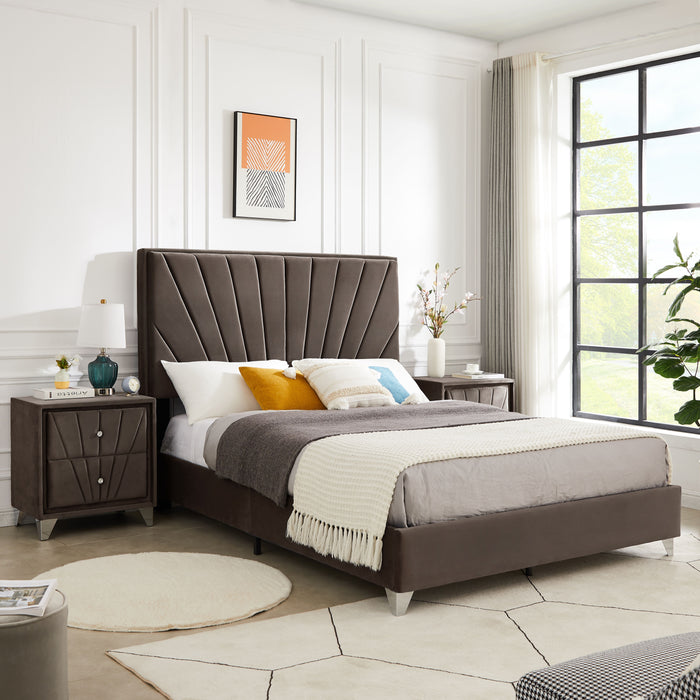 B108 Full Bed With Two Nightstands, Beautiful Line Stripe Cushion Headboard, Strong Wooden Slats And Metal Legs With Electroplate - Brown