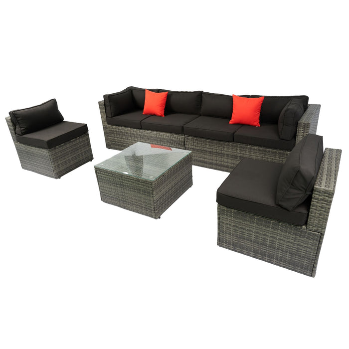 5 Pieces Pe Rattan Sectional Outdoor Furniture Cushioned U Sofa Set With 2 Pillow Grey Wicker / Black Cushion