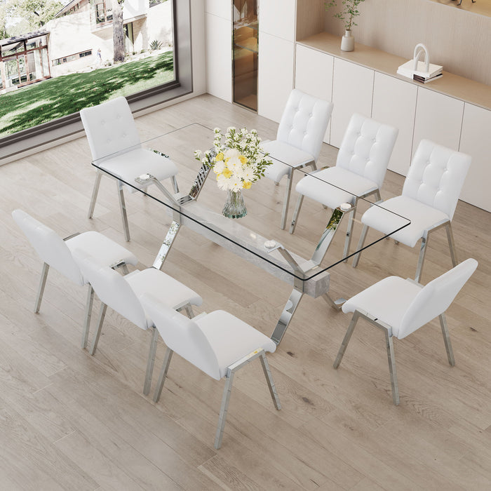 Table And Chair Set 1 Table And 8 White Chairs Tempered Glass Desktop Equipped With Silver Plated Metal Legs And MDF Crossbars Paired With Armless Soft Backrest Dining Chairs