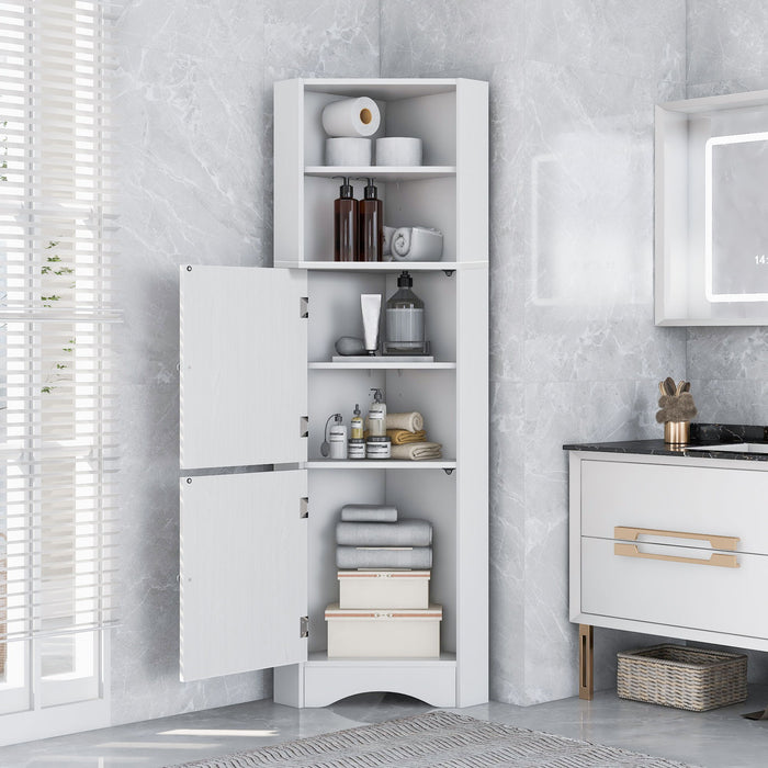 Tall Bathroom Corner Cabinet, Freestanding Storage Cabinet With Doors And Adjustable Shelves, MDF Board, White