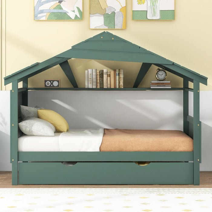 Wood Twin Size House Bed With Trundle And Storage, Green