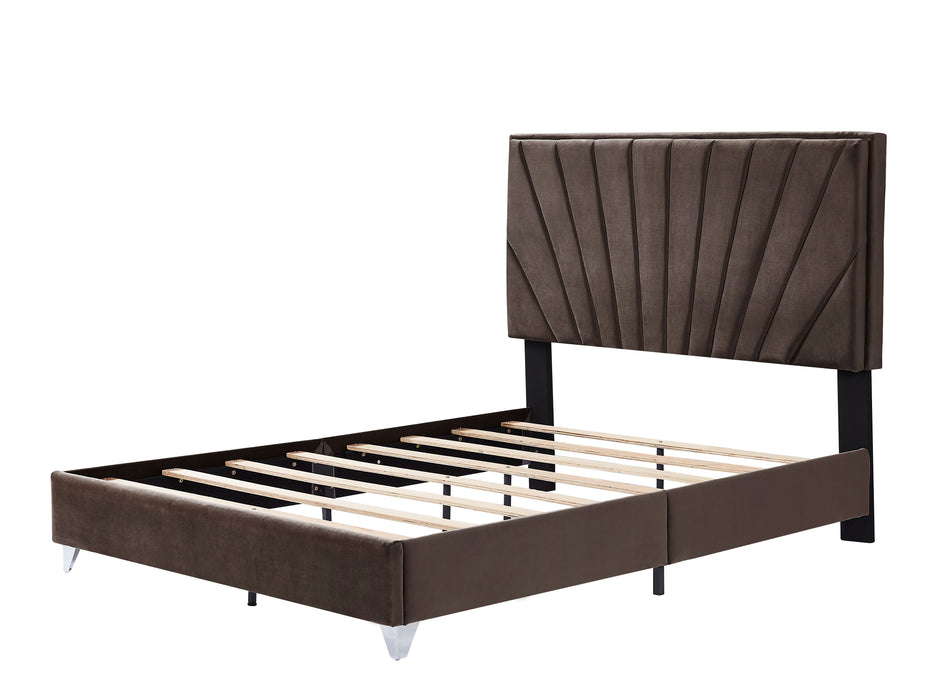 B108 Queen Bed With Two Nightstands, Beautiful Line Stripe Cushion Headboard, Strong Wooden Slats And Metal Legs With Electroplate - Brown