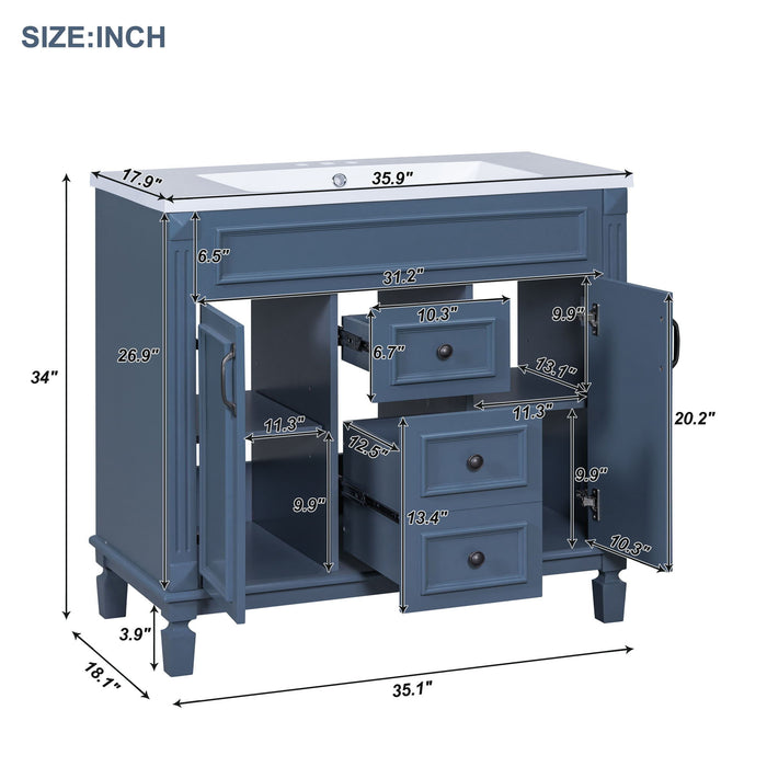 36'' Bathroom Vanity Without Top Sink, Royal Blue Cabinet Only, Modern Bathroom Storage Cabinet With 2 Soft Closing Doors And 2 Drawers