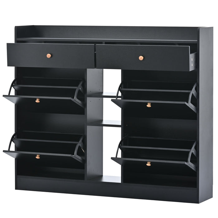 On-Trend Modern Shoe Cabinet With 4 Flip Drawers, Multifunctional 2-Tier Shoe Storage Organizer With Drawers, Free Standing Shoe Rack For Entrance Hallway, Black