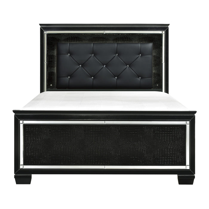 Black Finish Upholstered Button - Tufted 1 Piece Queen Size Bed LED Headboard Faux Alligator Embossed Textural Panels Wooden Bed