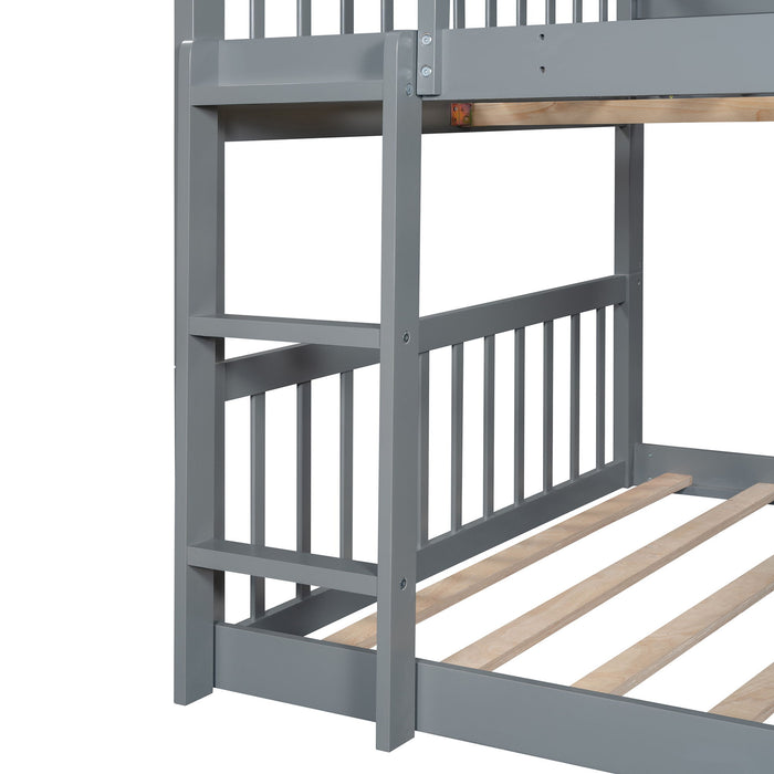 Full Over Full Over Full Triple Bed With Built In Ladder And Slide, Triple Bunk Bed With Guardrails, Gray