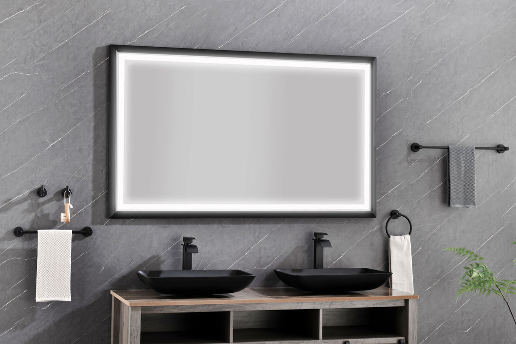Oversized Rectangular Black Framed LED Mirror Anti-Fog Dimmable Wall Mount Bathroom Vanity Mirror