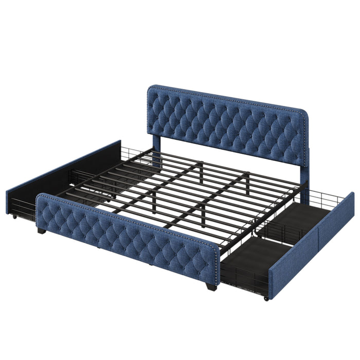 Upholstered Platform Bed Frame With Four Drawers, Button Tufted Headboard And Footboard Sturdy Metal Support, No Box Spring Required, Blue, King