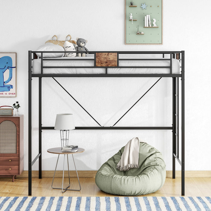 Metal Twin Loft Bed Frame With Stairs & Full-Length Guardrail, Space-Saving Design, No Box Spring Needed, Noise Free, Black