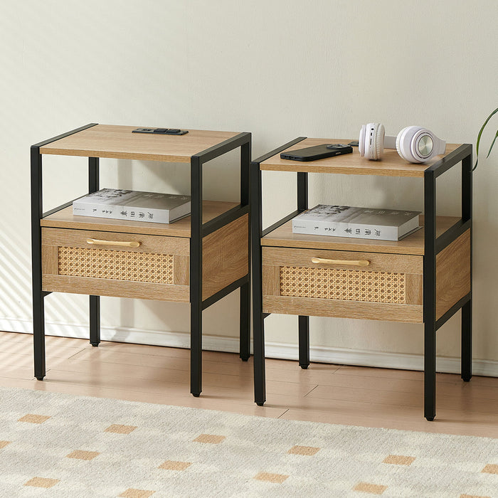 Rattan End Table With Power Outlet & USB Ports, Modern Nightstand With Drawer And Metal Legs, Side Table For Living Room, Bedroom (Set of 2) - Natural