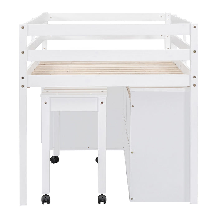 Twin Size Loft Bed With Retractable Writing Desk And 4 Drawers, Wooden Loft Bed With Lateral Portable Desk And Shelves, White