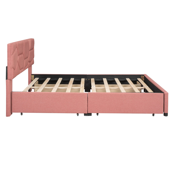 Queen Size Upholstered Platform Bed With Brick Pattern Headboard And 4 Drawers, Linen Fabric, Pink