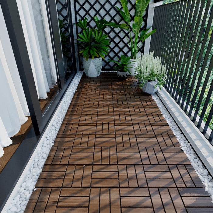 10 Piece Terlocking Deck Tiles Checker Pattern Square Outdoor Flooring - Brown
