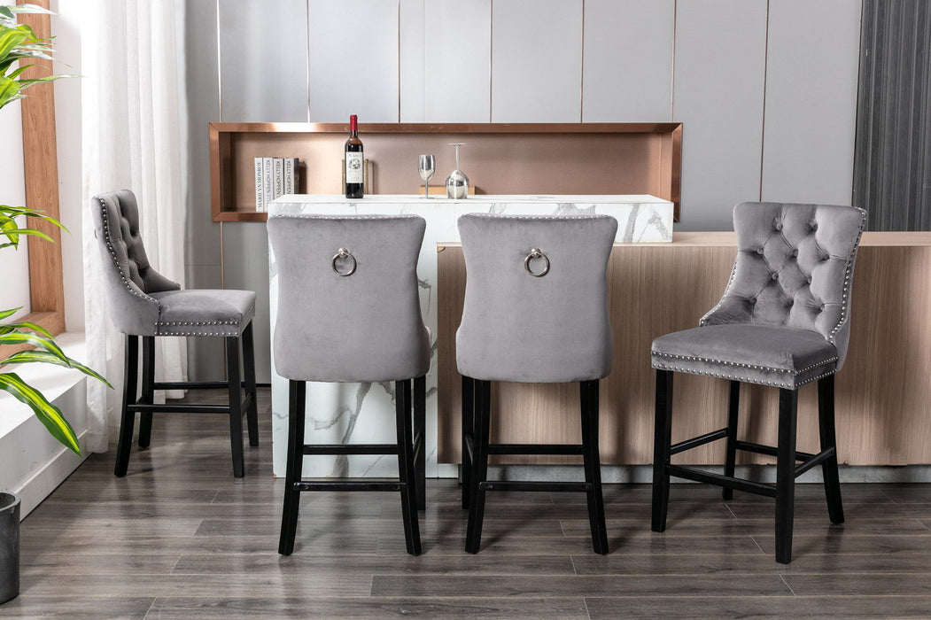 A&A Furniture, Contemporary Velvet Upholstered Barstools With Button Tufted Decoration And Wooden Legs, And Chrome Nailhead Trim, Leisure Style Bar Chairs, Bar Stools, (Set of 2) - Gray