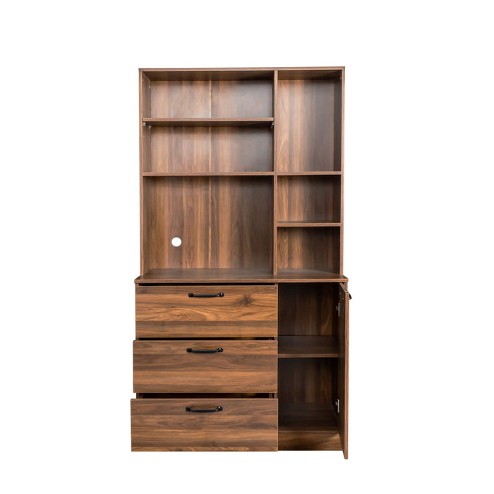 Large Kitchen Pantry Storage Cabinet With Drawers And Open Shelves - Walnut