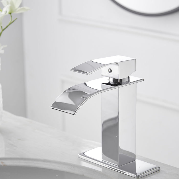 Waterfall Single Hole Single Handle Low Arc Bathroom Faucet With Pop Up Drain Assembly In Polished Chrome